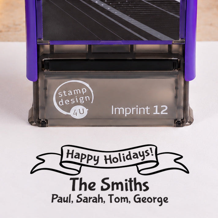 Imprint 12 personalised happy holidays address christmas rubber stamp - close-up of black sample design