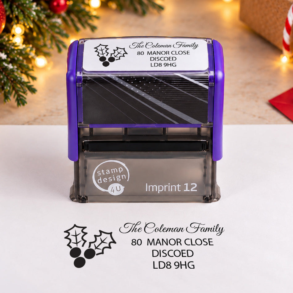 SD4U Imprint 12 | Holly Address Christmas Rubber Stamp | 48 x 18mm — product photograph