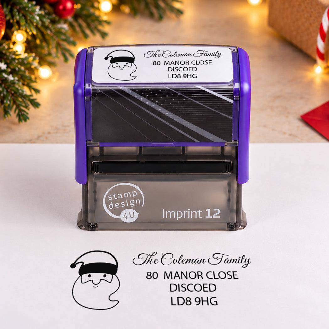 Imprint 12 personalised santa address christmas rubber stamp - stamp with black sample impression