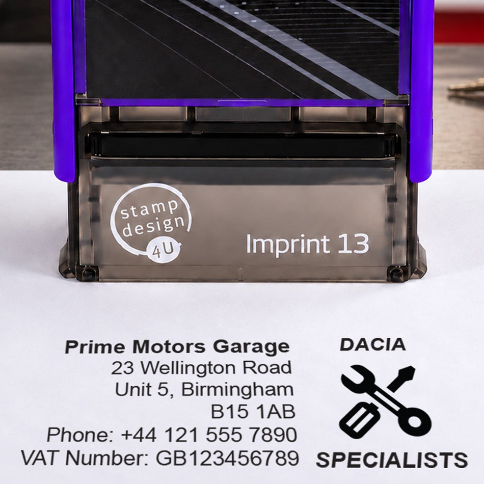 SD4U Imprint 13 | Dacia Specialists Service Rubber Stamp | 57 x 21mm