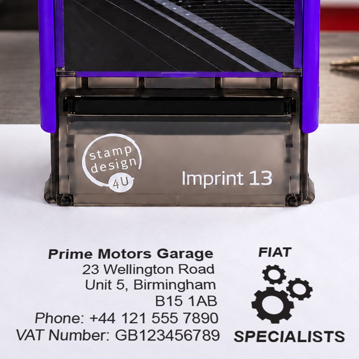 SD4U Imprint 13 Fiat Specialists personalised garage stamp, close-up and black example impression