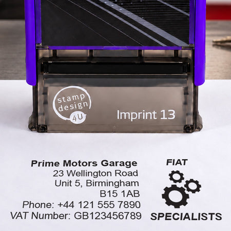 SD4U Imprint 13 Fiat Specialists personalised garage stamp, close-up and black example impression