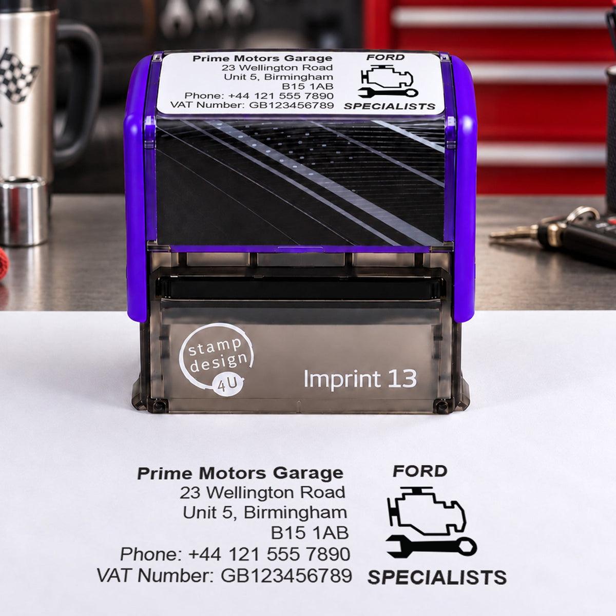 SD4U Imprint 13 Ford Specialists personalised garage stamp on a workshop bench with a black example impression