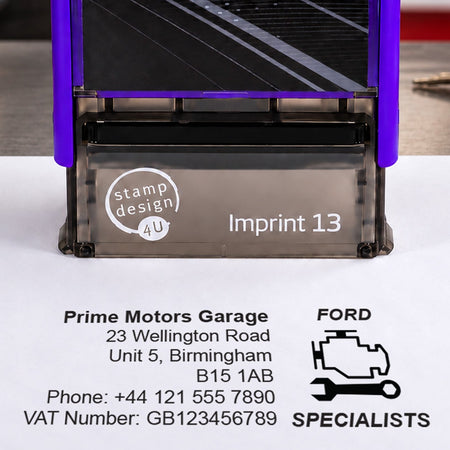 SD4U Imprint 13 Ford Specialists personalised garage stamp, close-up and black example impression