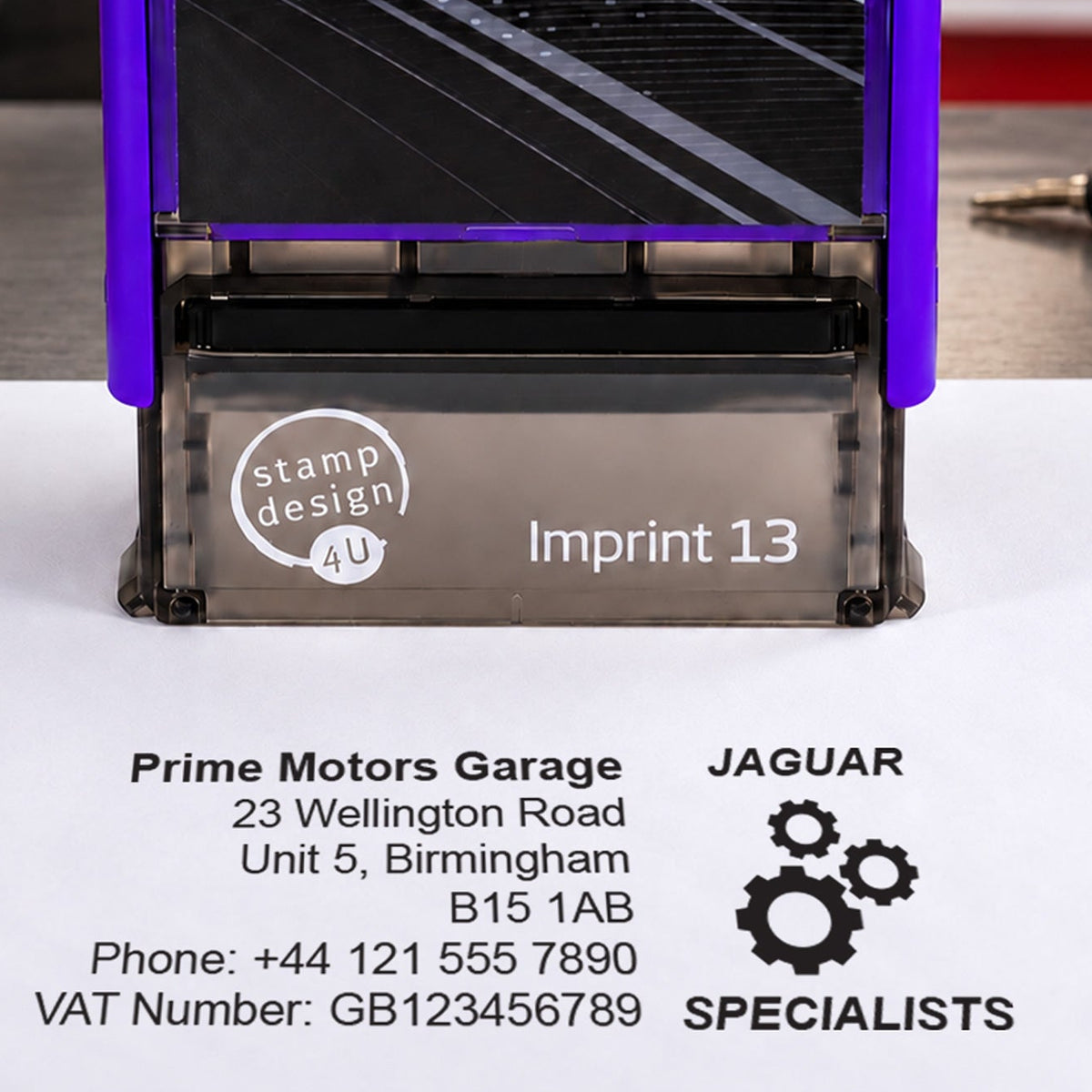 SD4U Imprint 13 Jaguar Specialists personalised garage stamp, close-up and black example impression