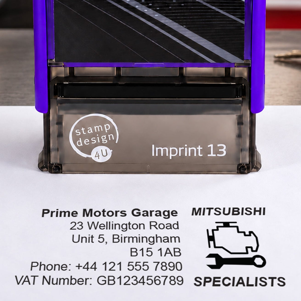 SD4U Imprint 13 Mitsubishi Specialists personalised garage stamp, close-up and black example impression