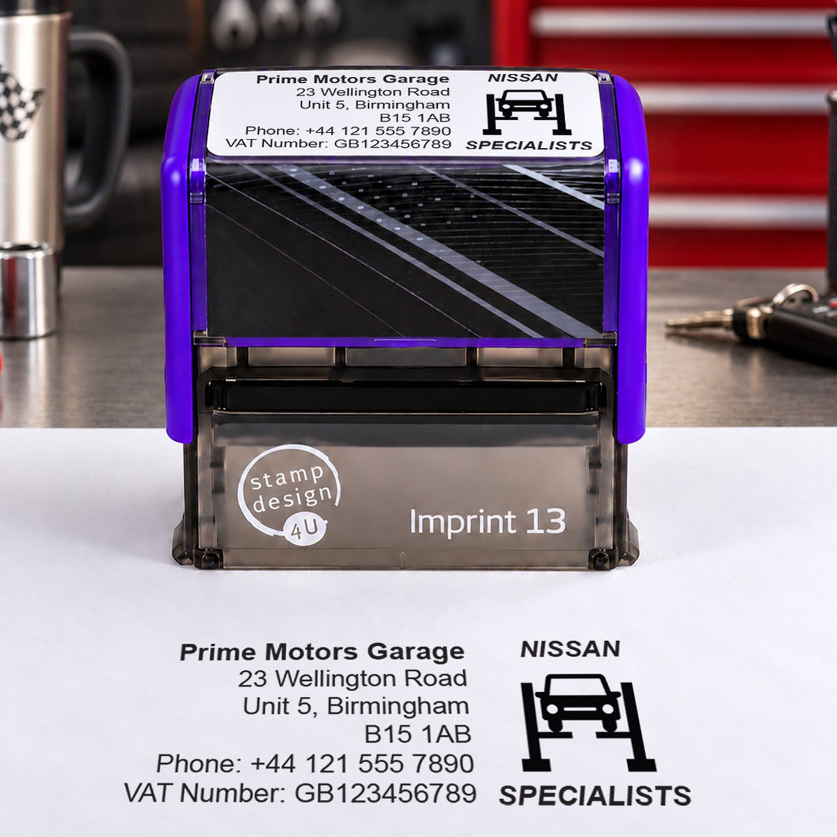 SD4U Imprint 13 Nissan Specialists personalised garage stamp on a workshop bench with a black example impression