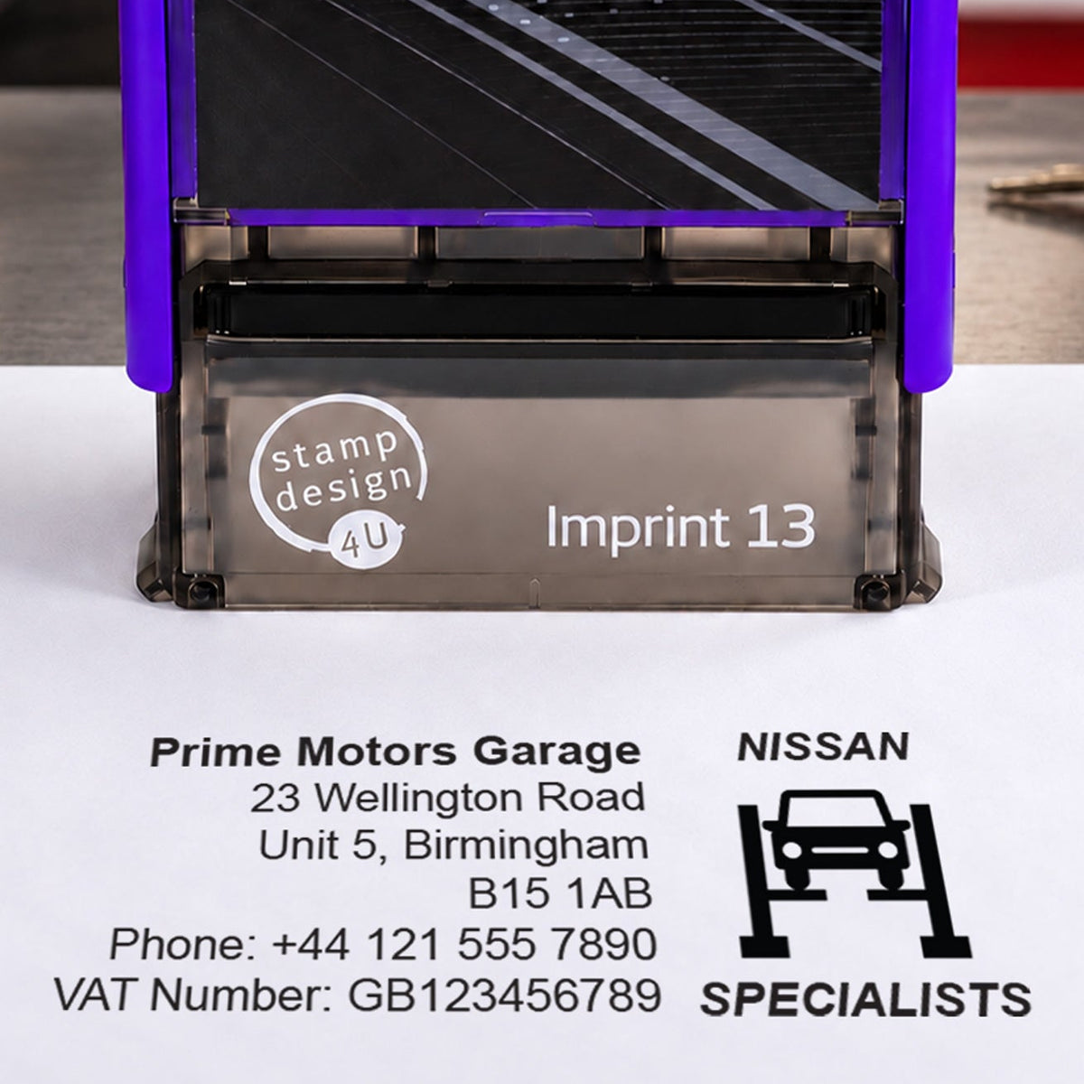 SD4U Imprint 13 Nissan Specialists personalised garage stamp, close-up and black example impression
