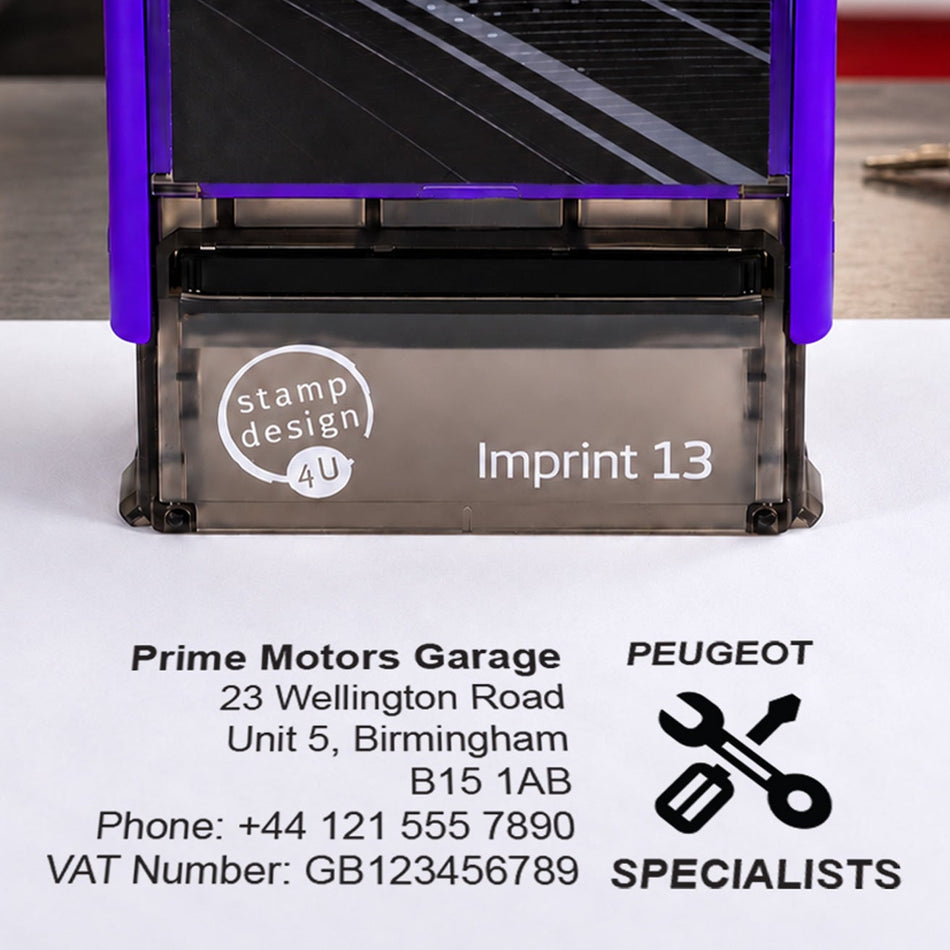 SD4U Imprint 13 | Peugeot Specialists Service Rubber Stamp | 57 x 21mm