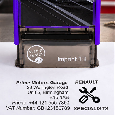 SD4U Imprint 13 Renault Specialists personalised garage stamp, close-up and black example impression