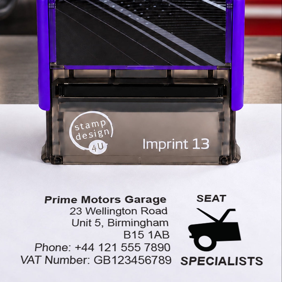 SD4U Imprint 13 Seat Specialists personalised garage stamp, close-up and black example impression