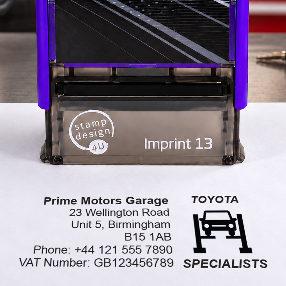 SD4U Imprint 13 Toyota Specialists personalised garage stamp, close-up and black example impression