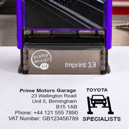 SD4U Imprint 13 Toyota Specialists personalised garage stamp, close-up and black example impression