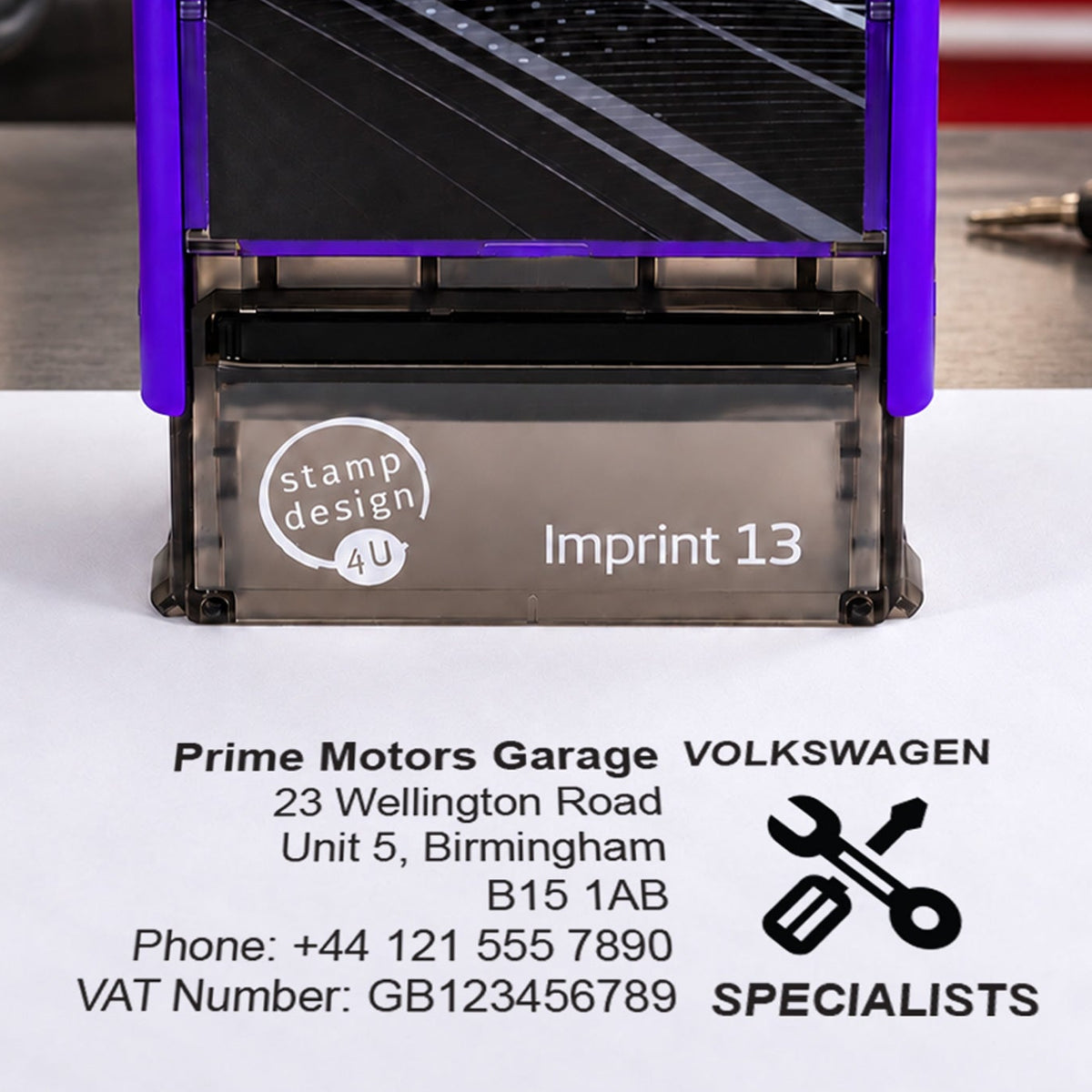 SD4U Imprint 13 Volkswagen Specialists personalised garage stamp, close-up and black example impression