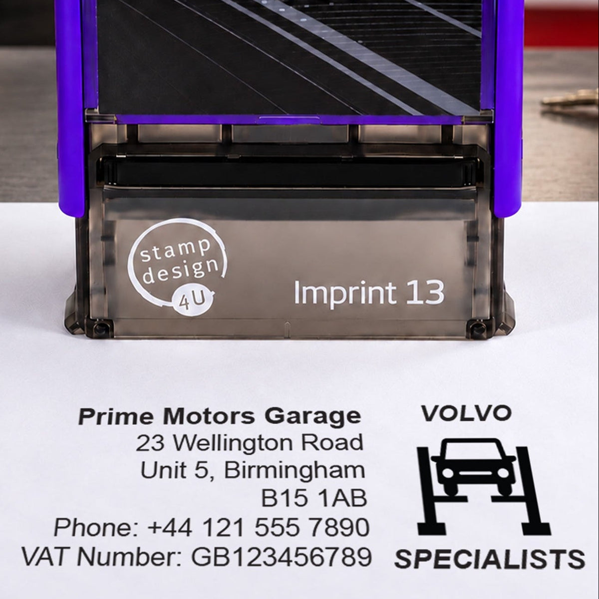 SD4U Imprint 13 Volvo Specialists personalised garage stamp, close-up and black example impression