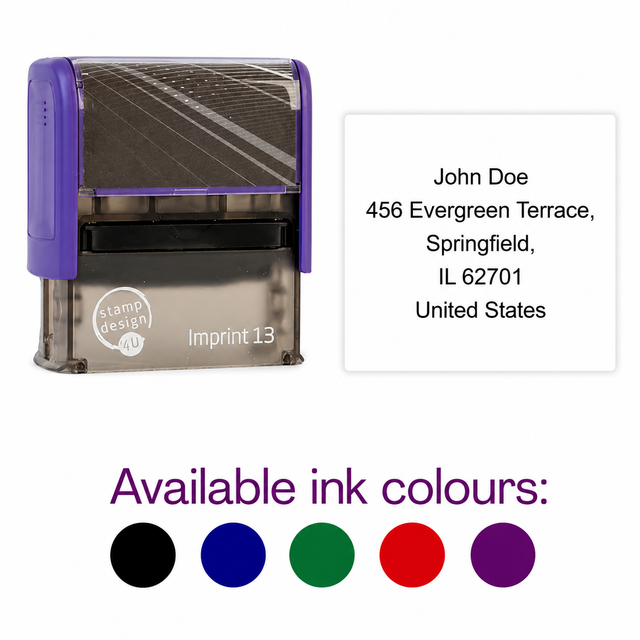 SD4U Imprint 13 | 5 Line Text Rubber Stamp | 57 x 21mm in 5 ink Colours