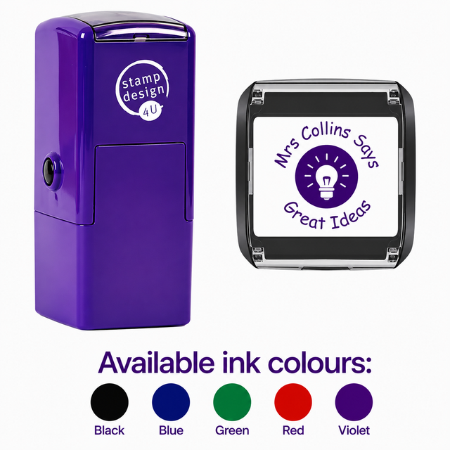Personalised Bright Ideas Teacher Stamp | Light Bulb Classroom Reward Stamp | Self Inking School Stamp 25 x 25mm – Black