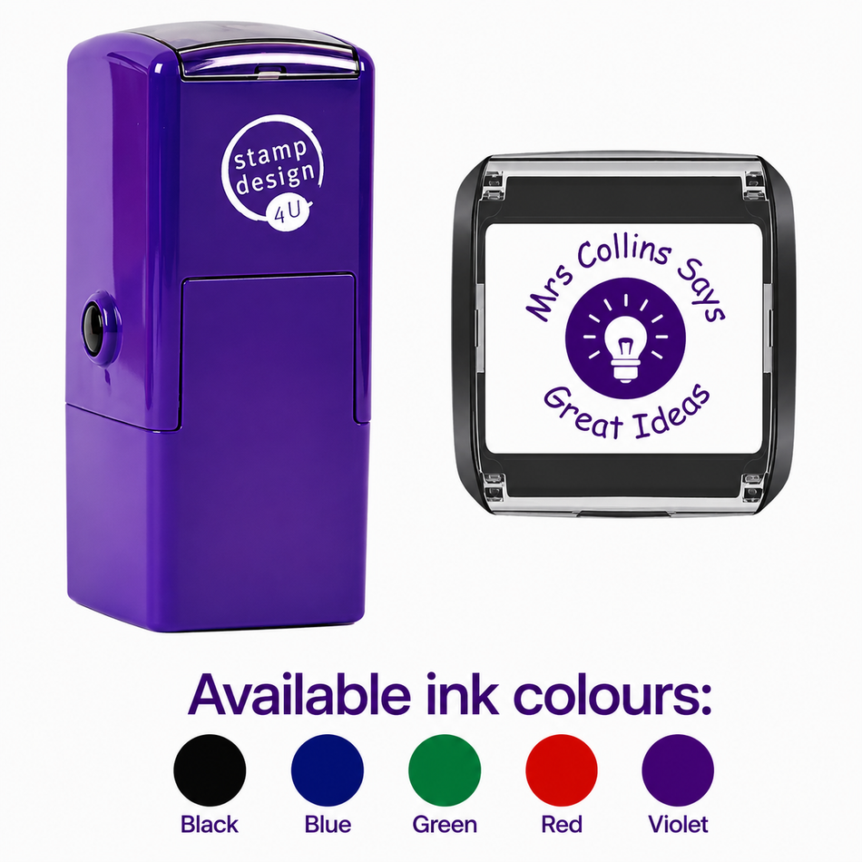 Personalised Bright Ideas Teacher Stamp | Light Bulb Classroom Reward Stamp | Self Inking School Stamp 25 x 25mm