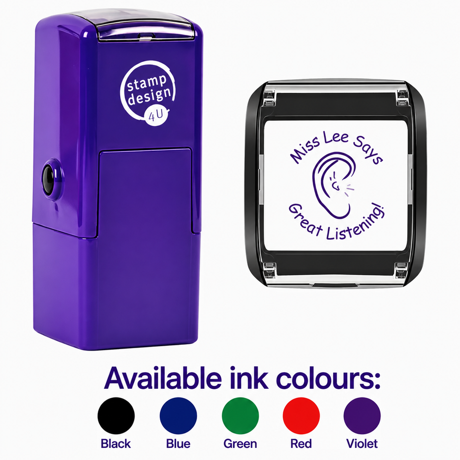 Personalised Listening Skills Teacher Stamp | Ear Icon Classroom Feedback Stamp | Self Inking School Stamp 25 x 25mm