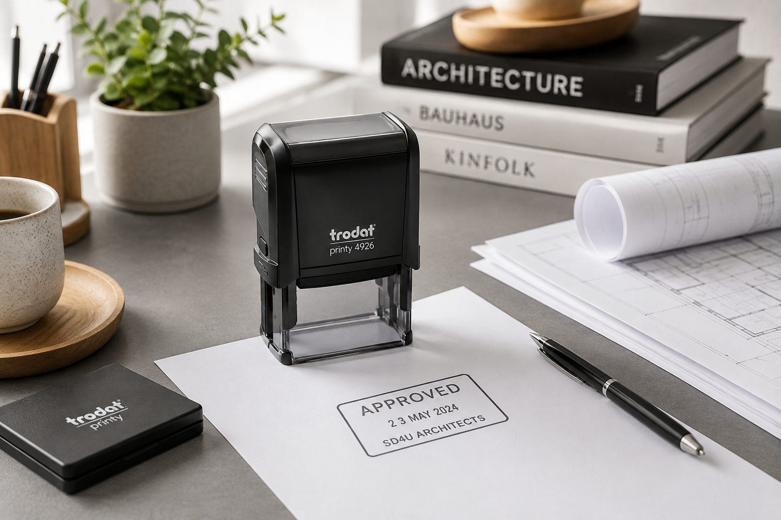 Trodat 4926 on a desk, with a piece of paper with an approved imprint.