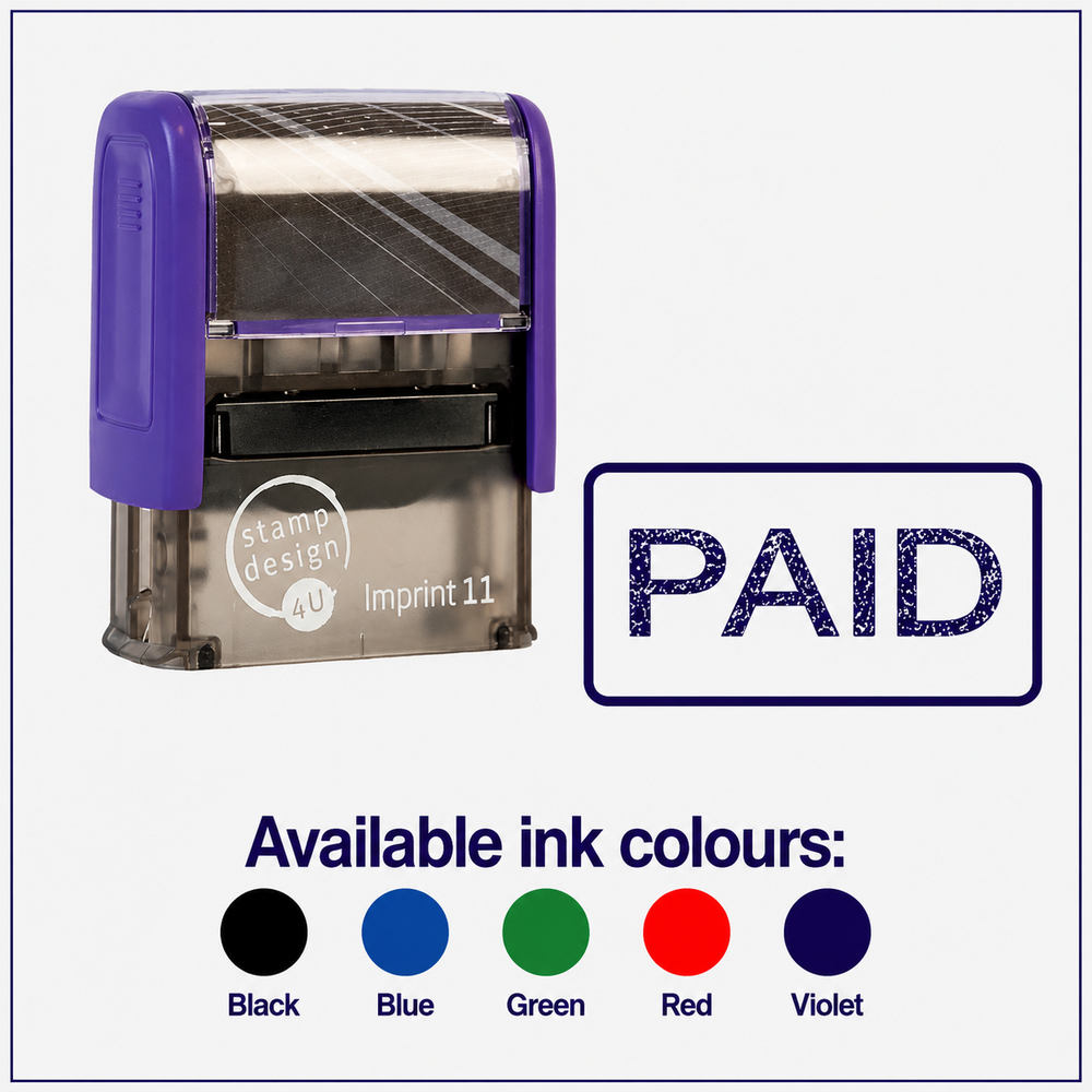 SD4U Imprint 11 PAID Word Stamp in 5 Ink Colours | 38 x 14mm – Black