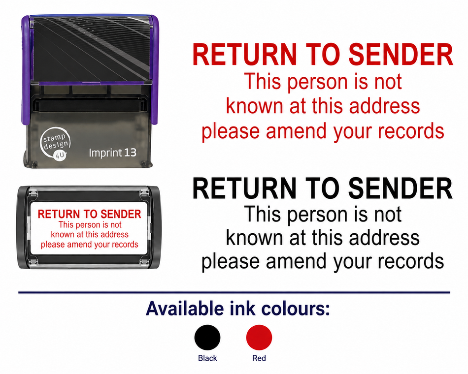 Return to Sender Stamp | Stop Junk Mail Stamp | 58 x 22mm Red or Black Ink