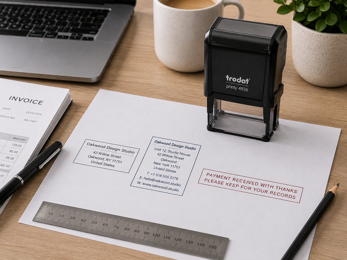A personalised text stamp for business details and messages