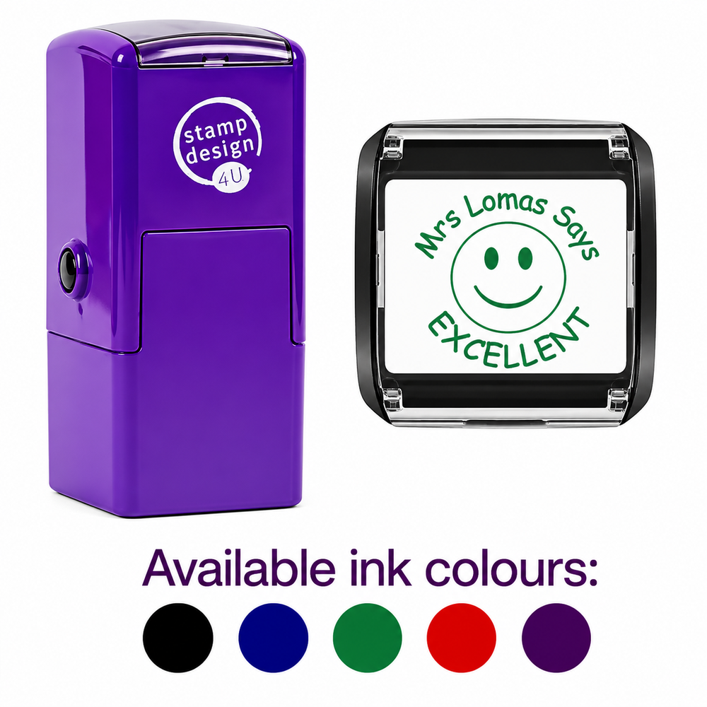 Personalised Smiley Face Teacher Stamp | Classroom Reward & Marking Stamp | Self Inking School Stamp 25 x 25mm – Black