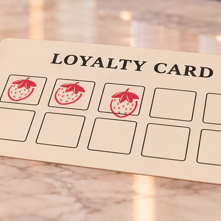 Close-up of red strawberry impressions on an example loyalty card
