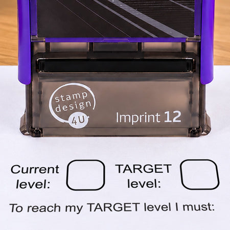 Close-up of the Target Level design impression and purple Imprint 12 casing shown