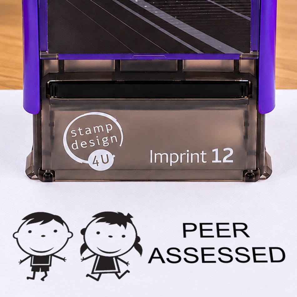 Close-up of the Peer Assessed design impression and purple Imprint 12 casing shown