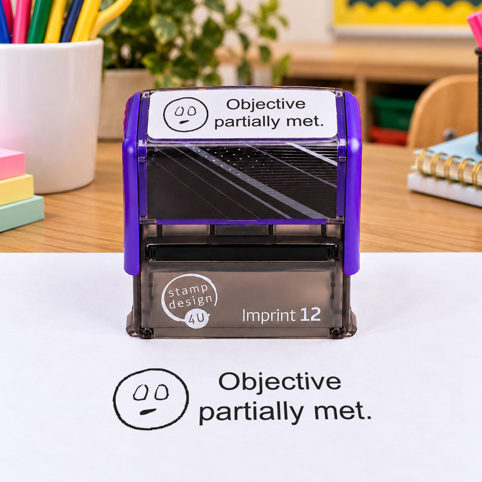 Objective Partially Met teacher stamp: pictured purple Imprint 12 casing with black neutral-face impression