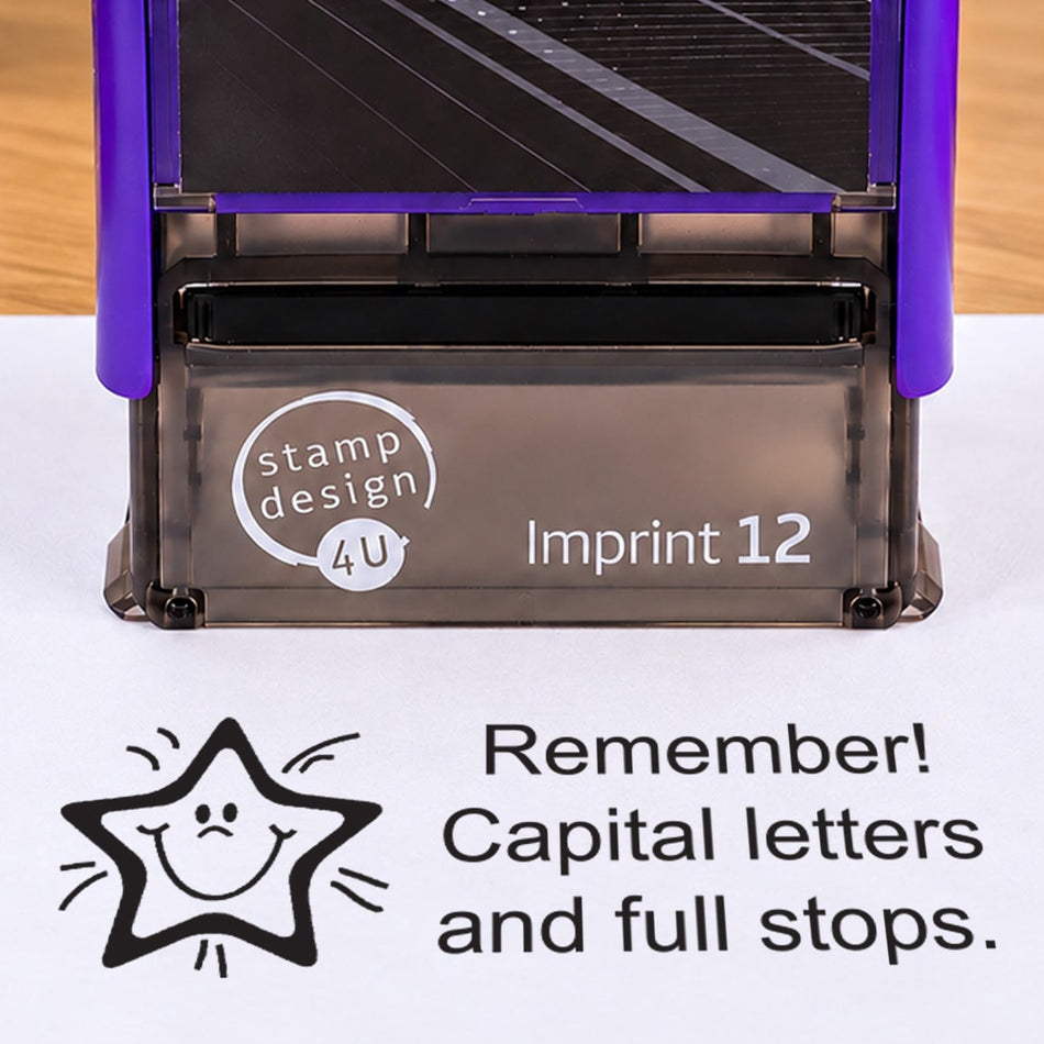 Remember Capital Letters and Full Stops teacher stamp: close-up of the pictured Imprint 12 casing and black smiling-star reminder impression