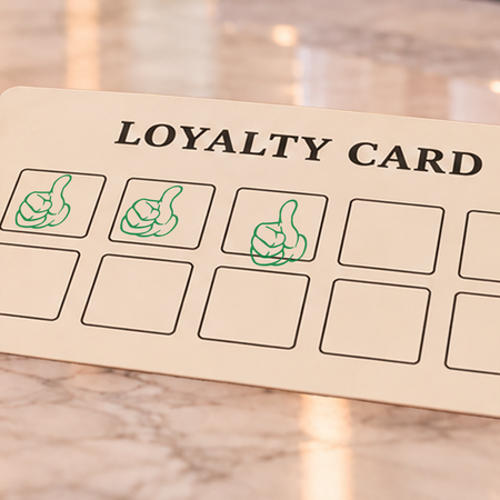 Close-up of green thumbs up impressions on an example loyalty card