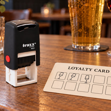 Traxx 9021 wine glass loyalty stamp with black impressions on an example card