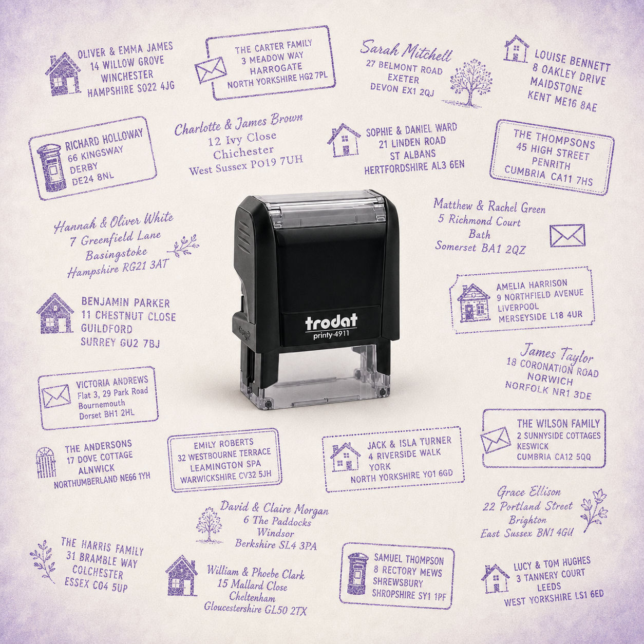 Personalised Address Stamps — one relevant stamp with many purple impressions