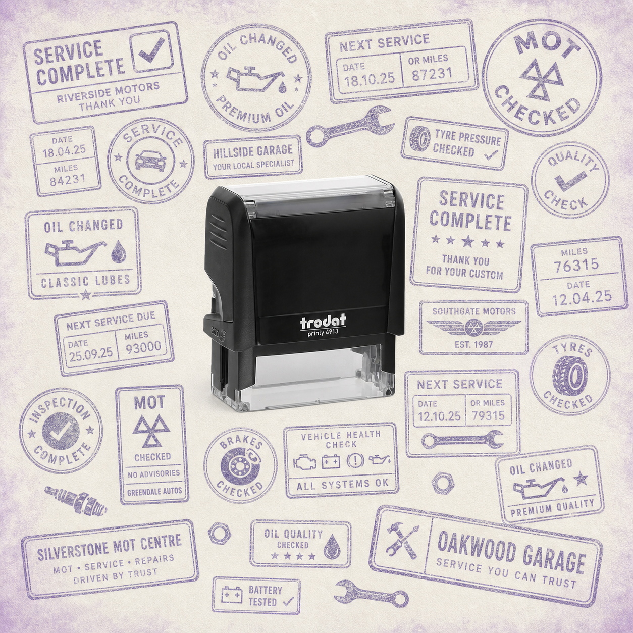 Garage Service Stamps — one relevant stamp with many purple impressions