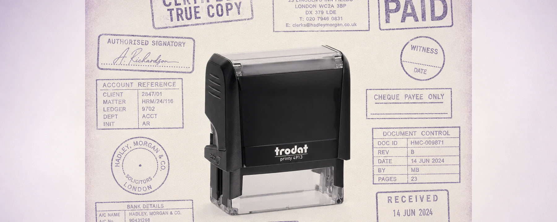 Range of Legal Stamps for Documents and Business — one relevant stamp with many purple impressions