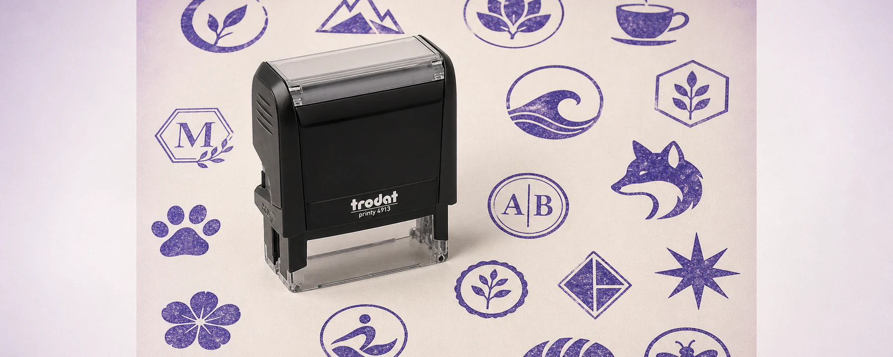 Personalised Logo Stamps Main — one relevant stamp with many purple impressions