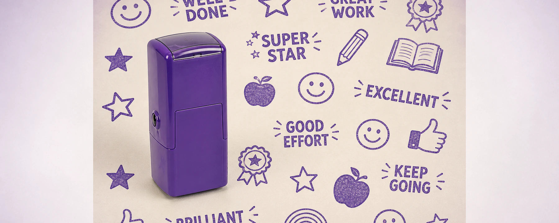 Personalised Teacher Stamps Main — one relevant stamp with many purple impressions