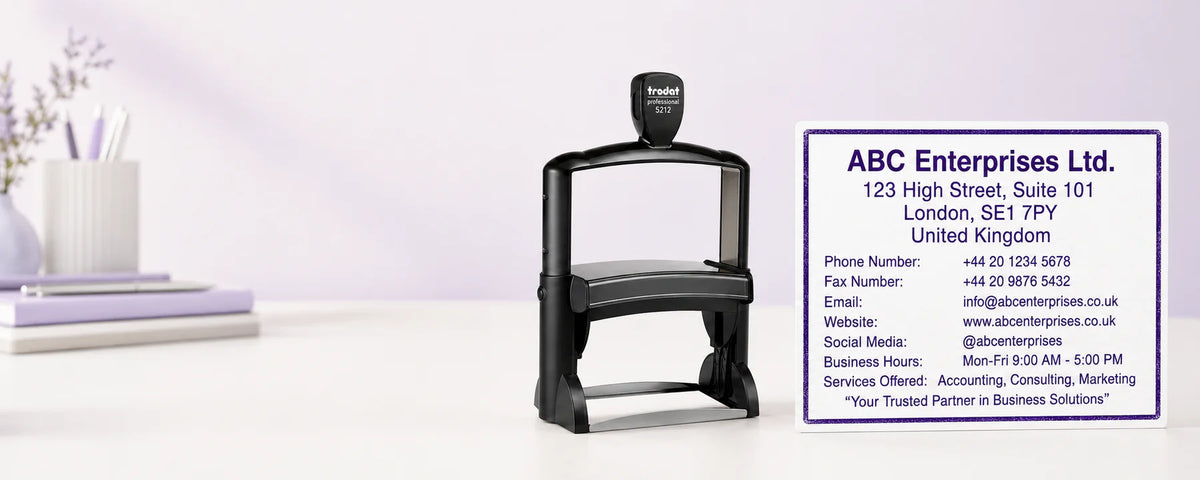 Trodat Professional 5212 large text stamp beside its matching sample business text impression
