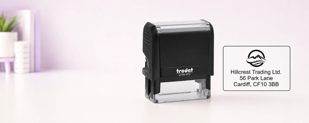 Trodat Printy 4913 medium personalised stamp beside its matching Hillcrest Trading address impression
