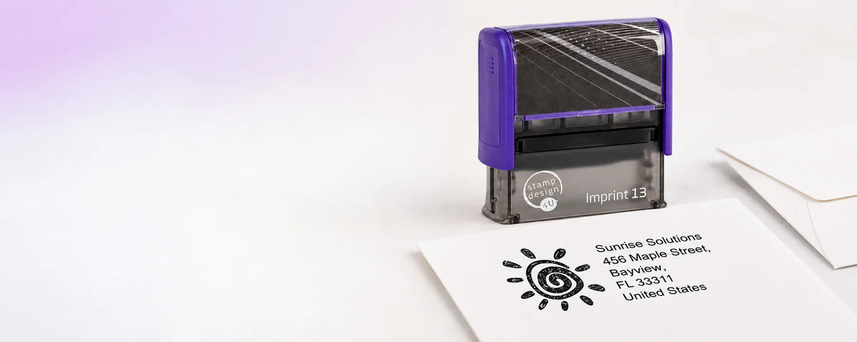 Stamp Design 4U Imprint 13 medium text and logo stamp beside its matching Sunrise Solutions impression