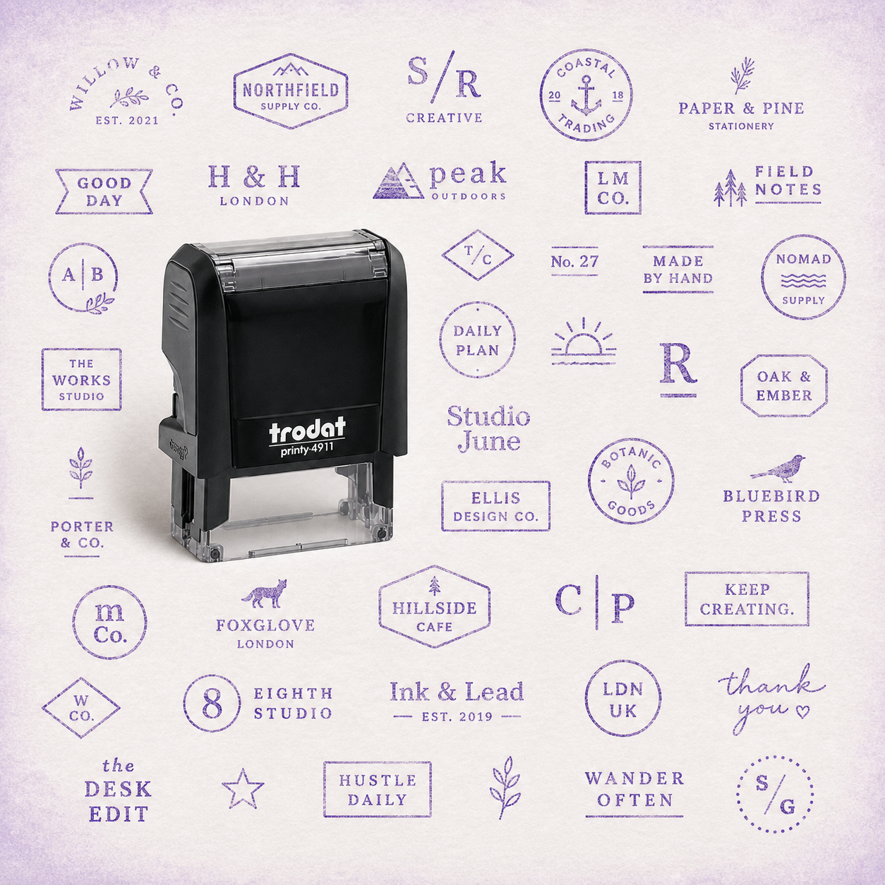 Personalised Social Media Stamps — one relevant stamp with many purple impressions