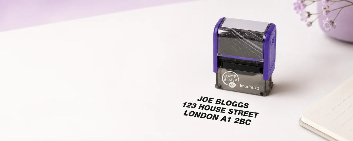 Stamp Design 4U Imprint 11 small text stamp beside its matching three-line address impression