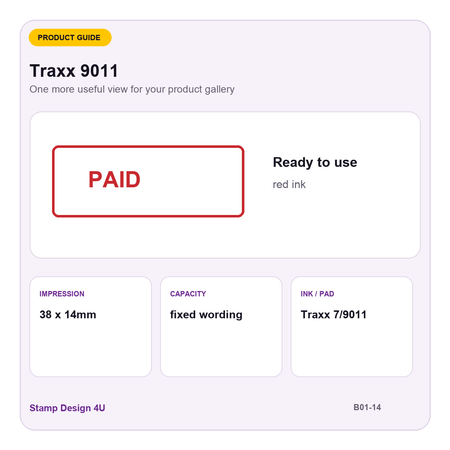 Traxx 9011 buying guide showing 38 x 14mm impression and fixed wording