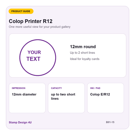Colop Printer R12 buying guide showing 12mm diameter impression and up to two short lines