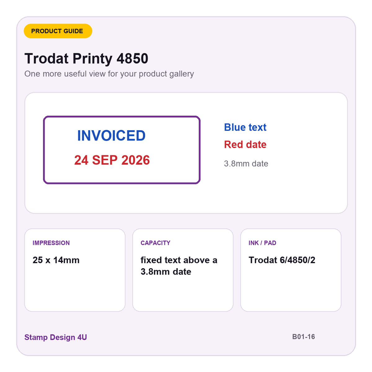 Trodat Printy 4850 buying guide showing 25 x 14mm impression and fixed text above a 3.8mm date