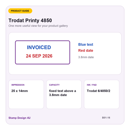 Trodat Printy 4850 buying guide showing 25 x 14mm impression and fixed text above a 3.8mm date