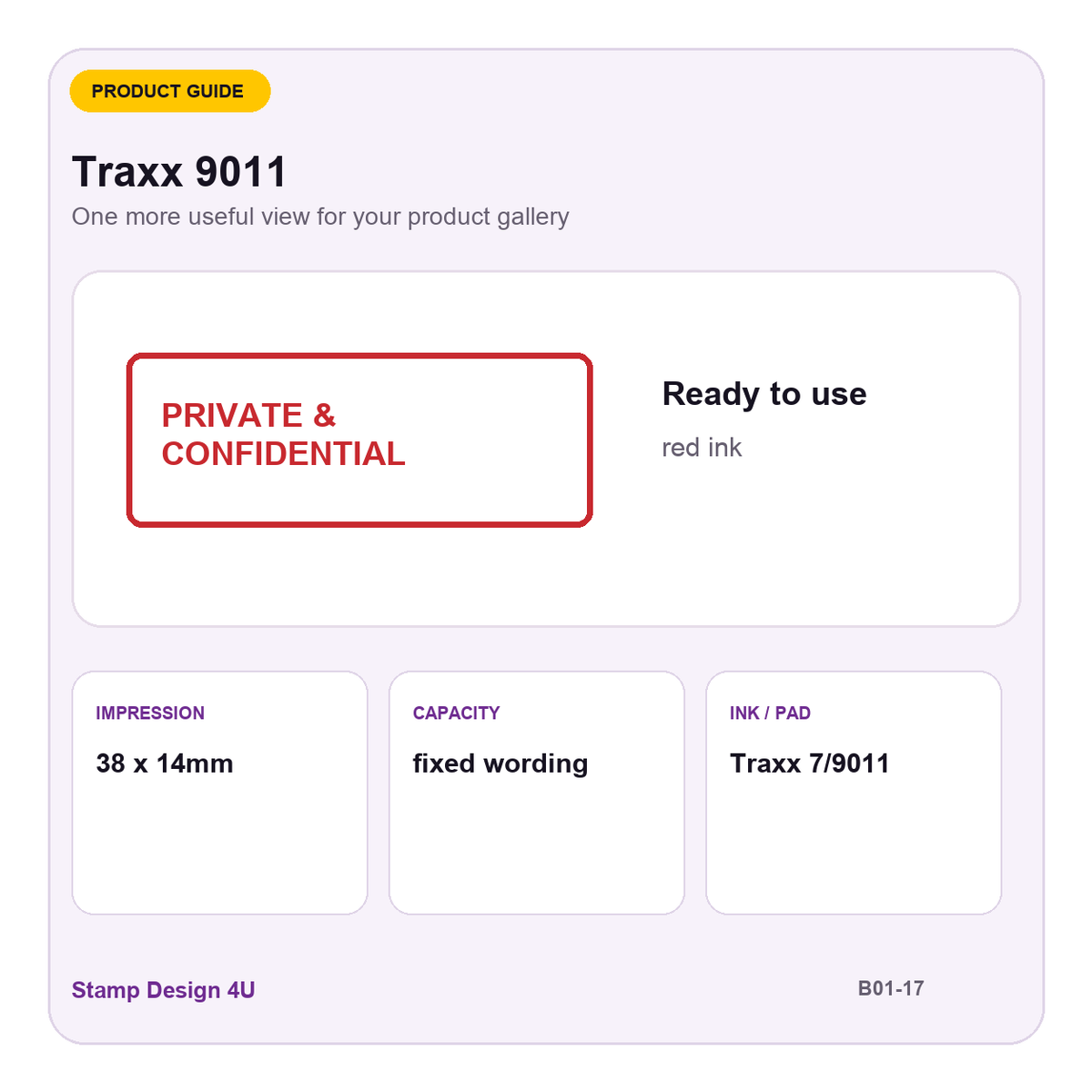 Traxx 9011 buying guide showing 38 x 14mm impression and fixed wording
